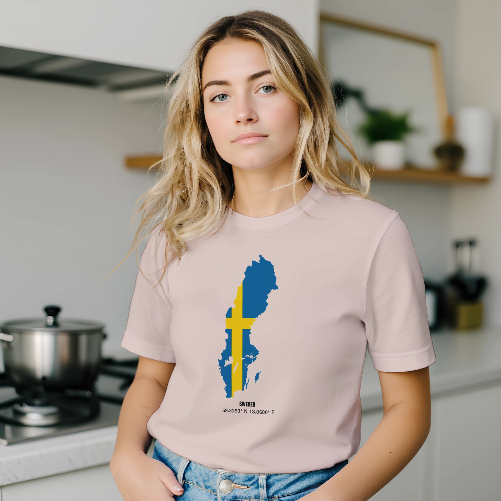 Sweden flag map t-shirt with coordinates, unisex crewneck Sweden flag map t-shirt with coordinates, unisex crewneck