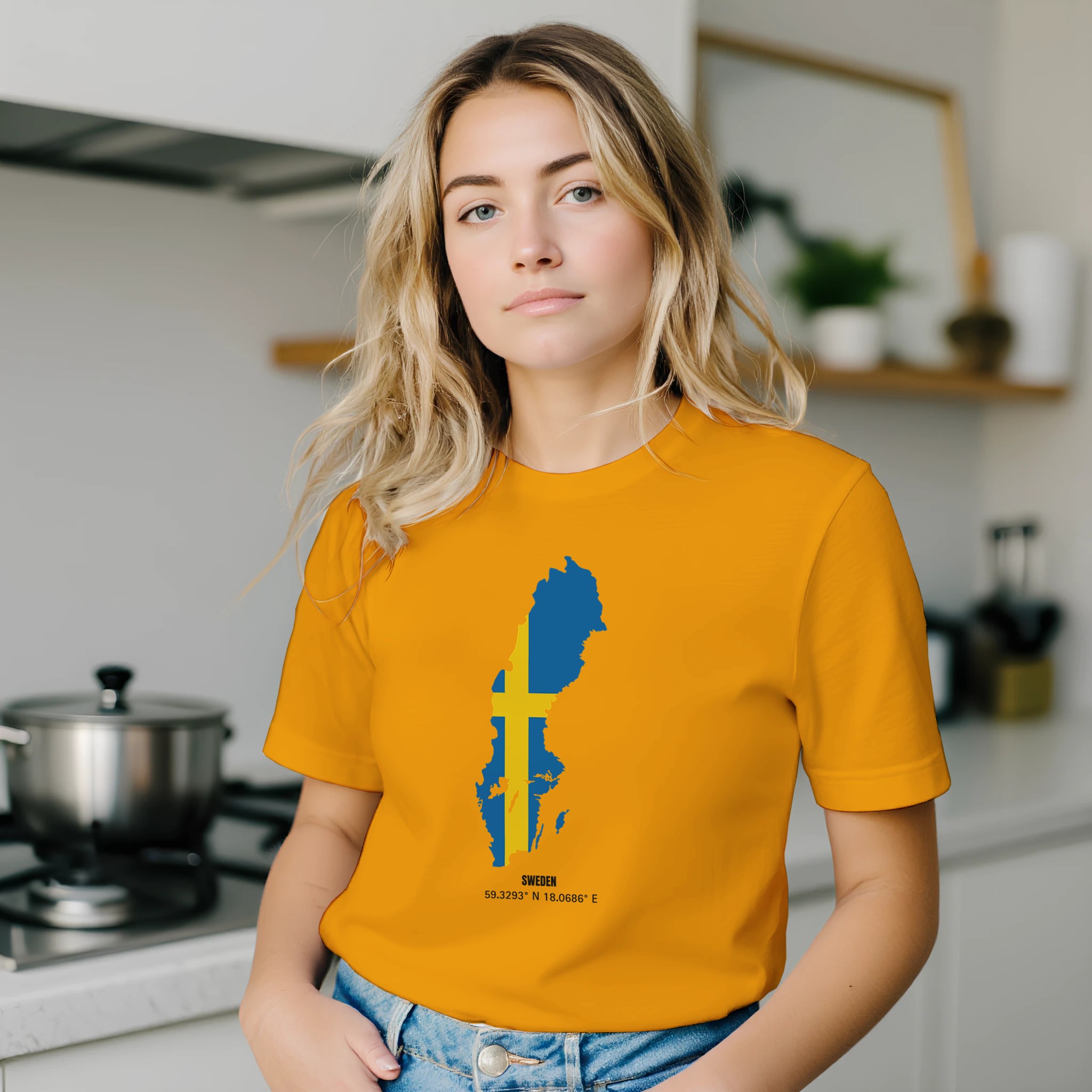 Sweden flag map t-shirt with coordinates, unisex crewneck Sweden flag map t-shirt with coordinates, unisex crewneck