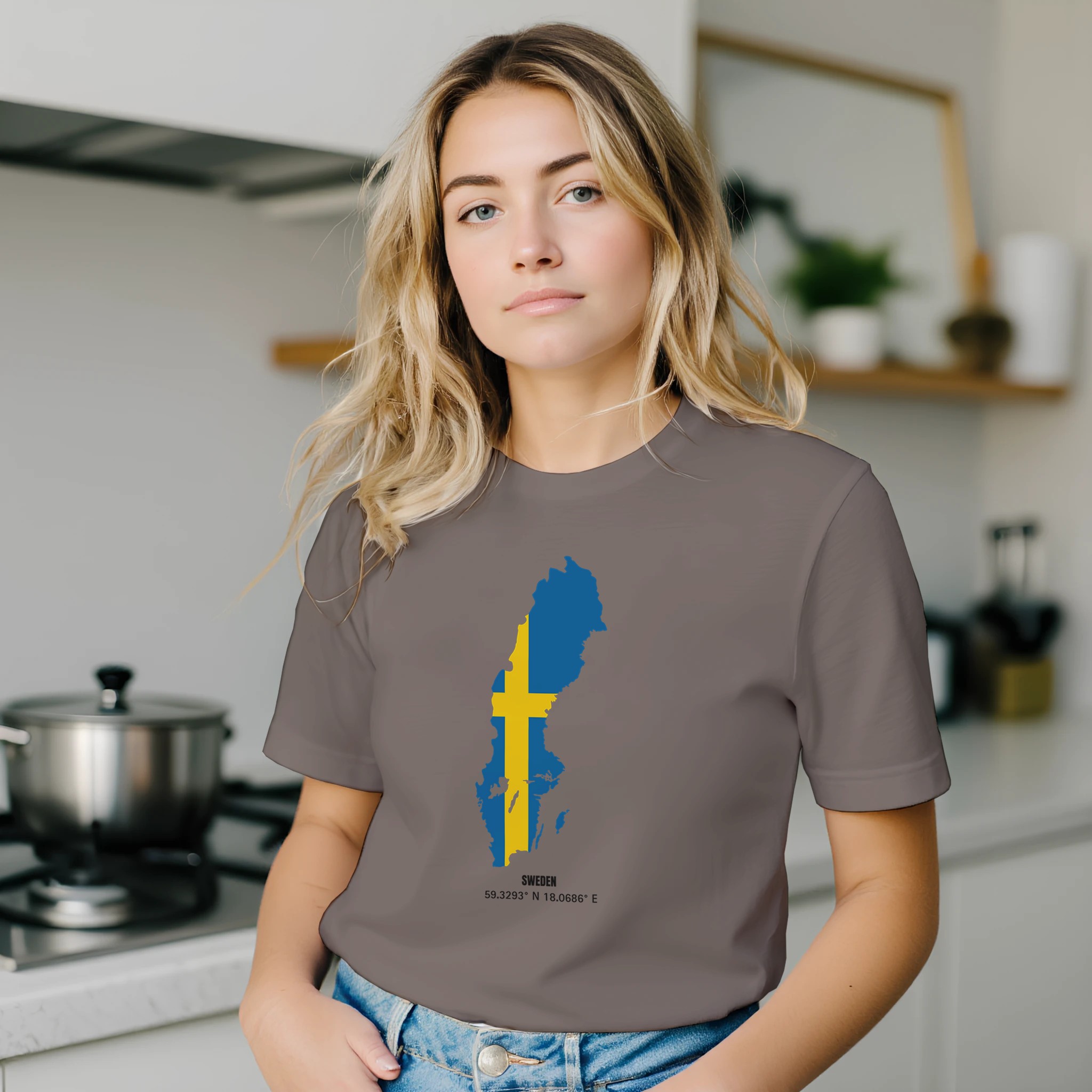 Sweden flag map t-shirt with coordinates, unisex crewneck Sweden flag map t-shirt with coordinates, unisex crewneck