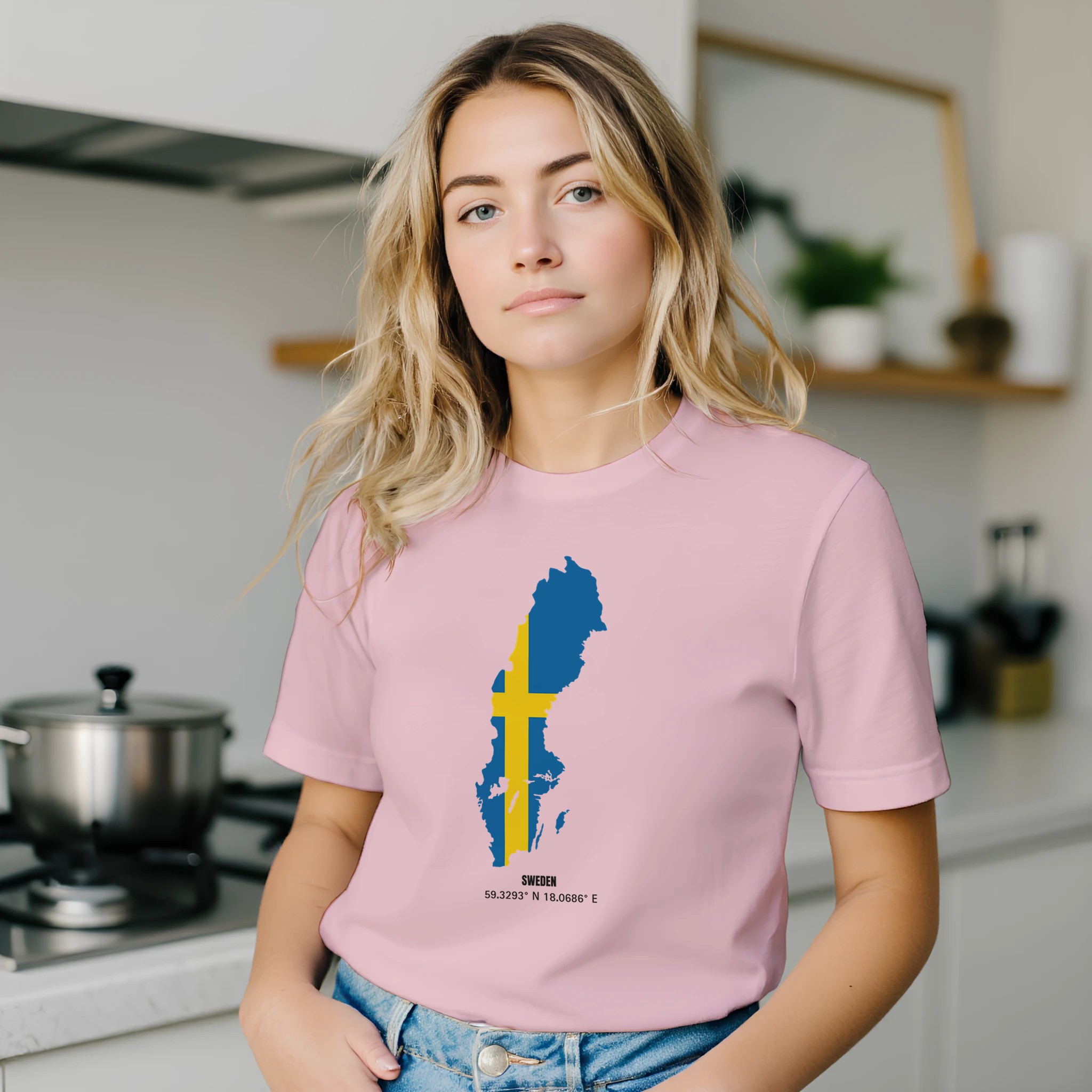 Sweden flag map t-shirt with coordinates, unisex crewneck Sweden flag map t-shirt with coordinates, unisex crewneck