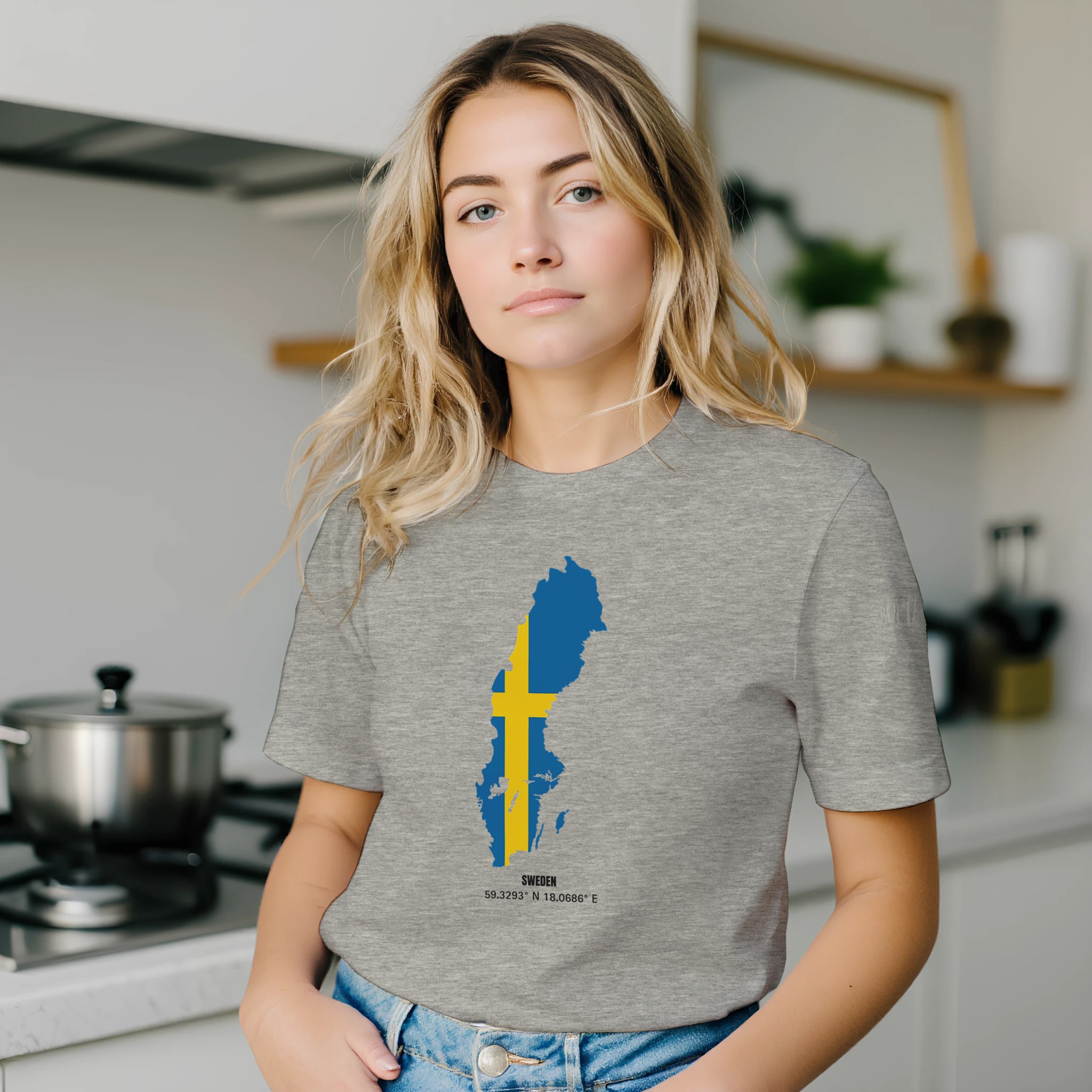 Sweden flag map t-shirt with coordinates, unisex crewneck Sweden flag map t-shirt with coordinates, unisex crewneck