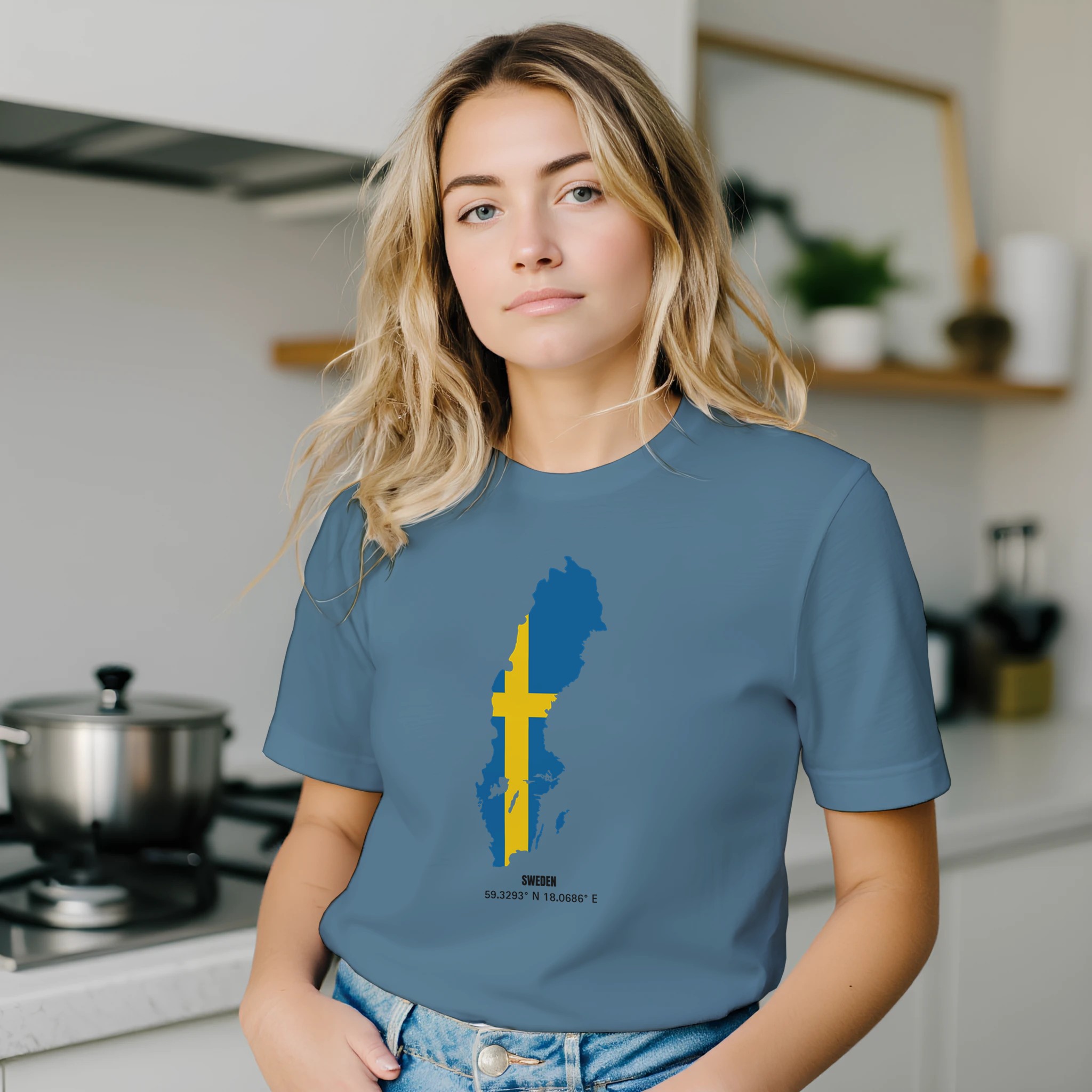 Sweden flag map t-shirt with coordinates, unisex crewneck Sweden flag map t-shirt with coordinates, unisex crewneck