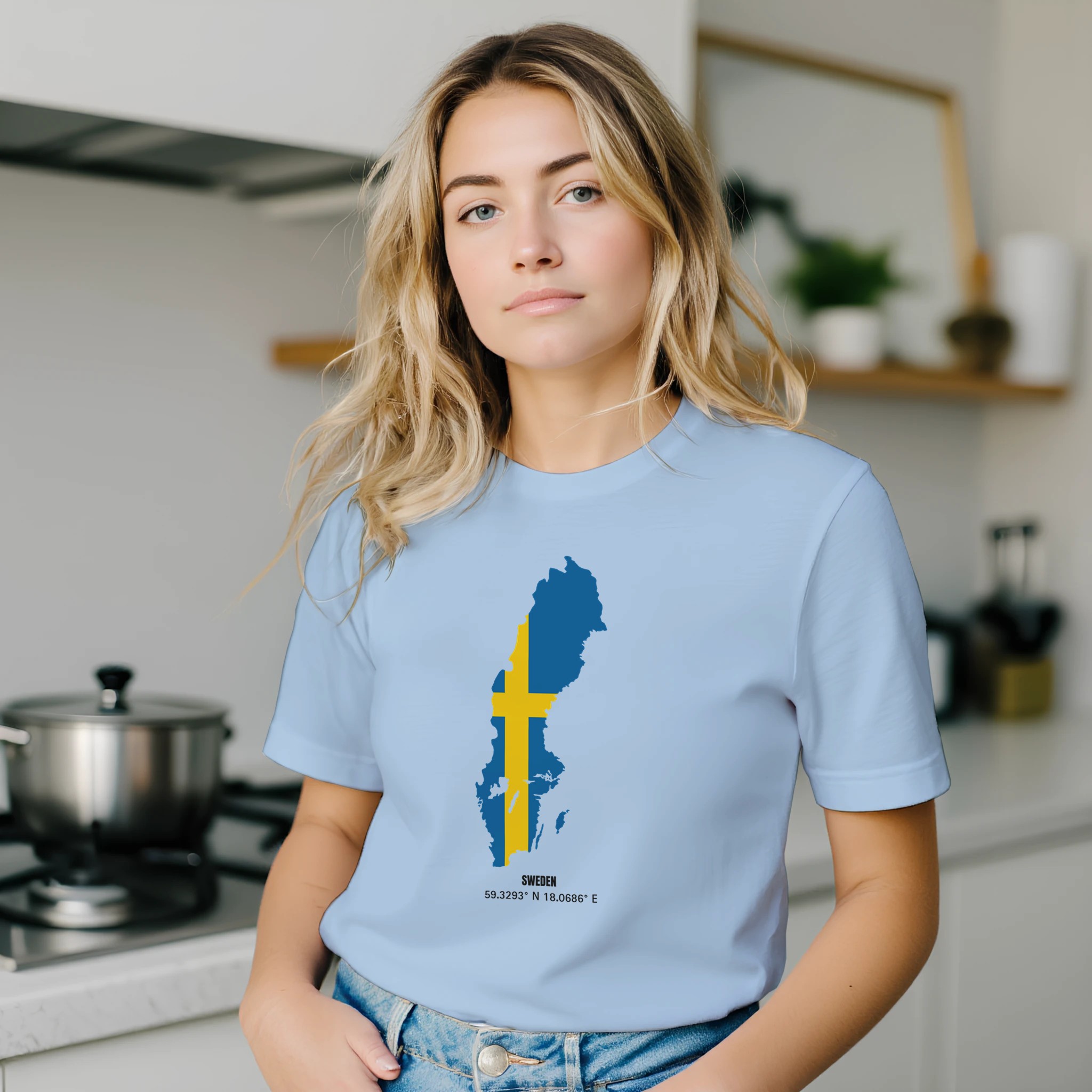 Sweden flag map t-shirt with coordinates, unisex crewneck Sweden flag map t-shirt with coordinates, unisex crewneck